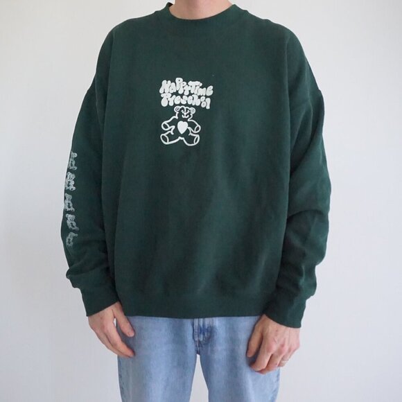 90s Fruit Of The Loom Green Happy Time Preschool Puff Print Crewneck Sweater 2XL - Picture 1 of 9